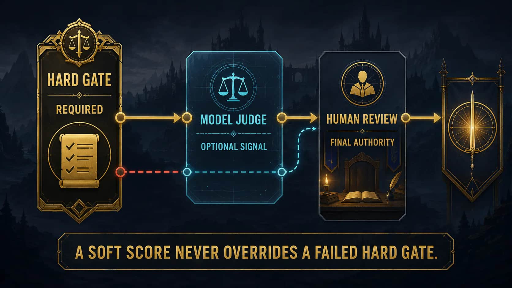 A required hard gate stops failed candidates before an optional model judge and final human release review