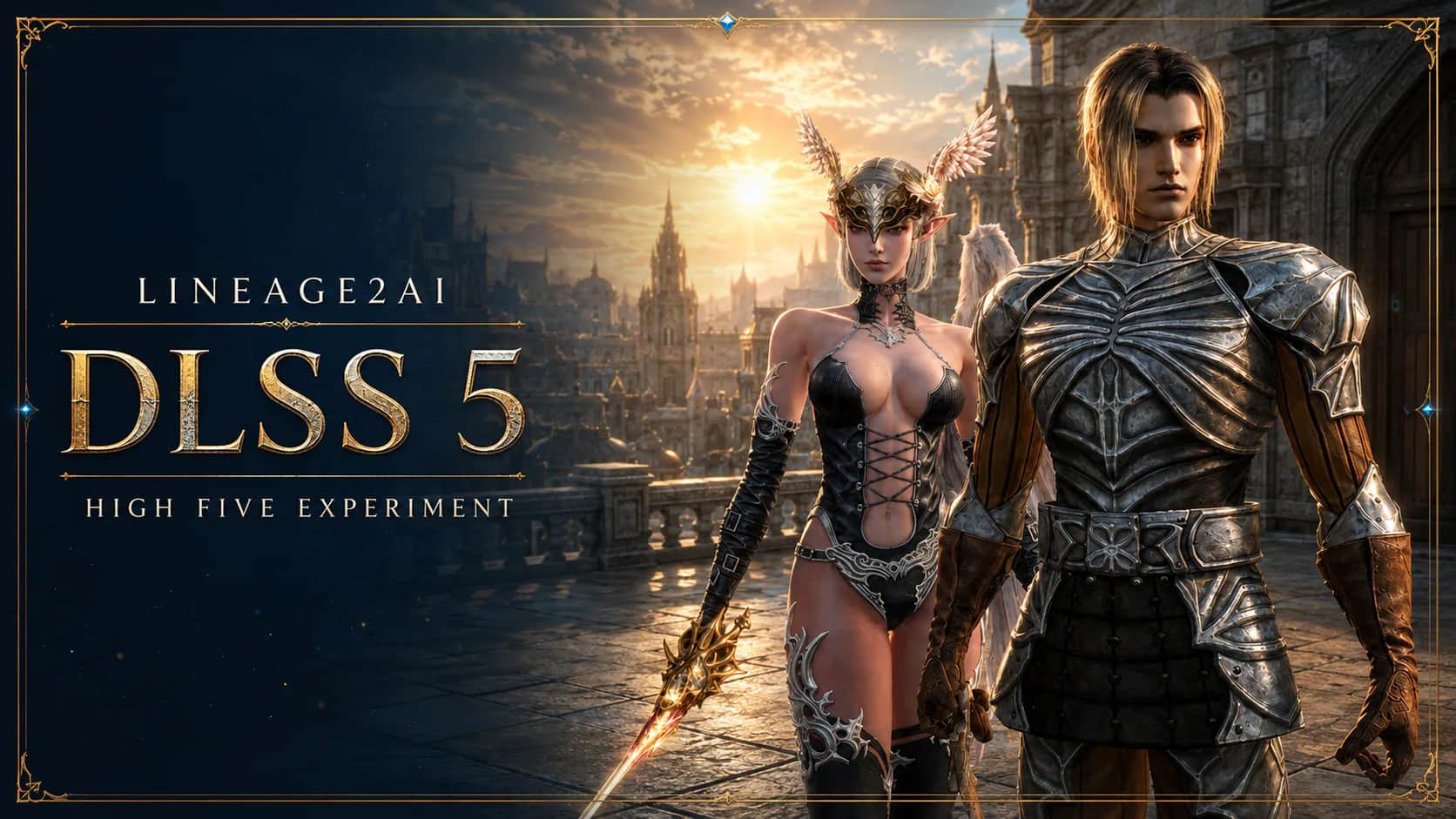 Two fantasy adventurers in a sunlit stone city beside the title DLSS 5 High Five Experiment