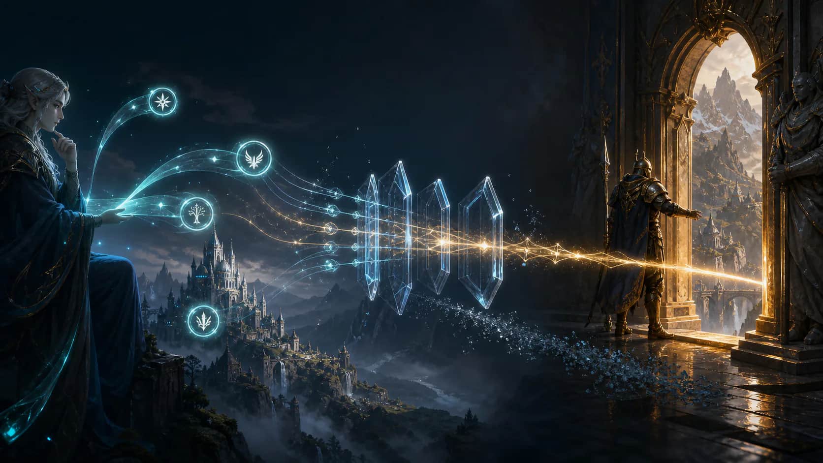 A fantasy AI planner sends several symbolic paths through a crystalline binder to one authoritative world gate