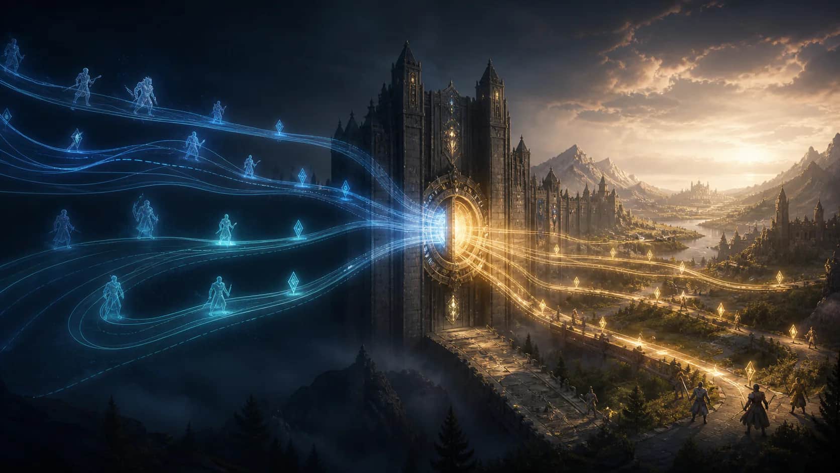 A luminous verification gate separates AI action proposals from an authoritative multiplayer fantasy world