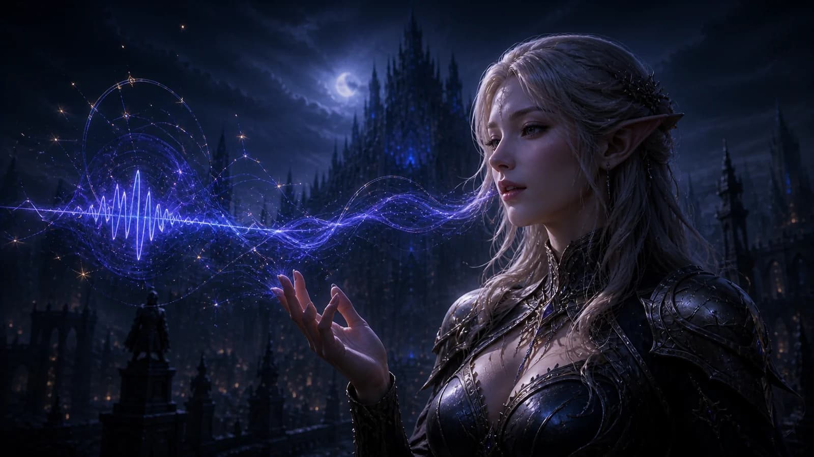 A silver-haired elven AI companion responding to a blue-violet magical voice waveform