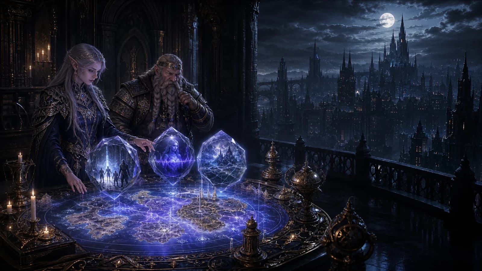 An elven chronicler and dwarven cartographer studying a luminous map above a moonlit citadel