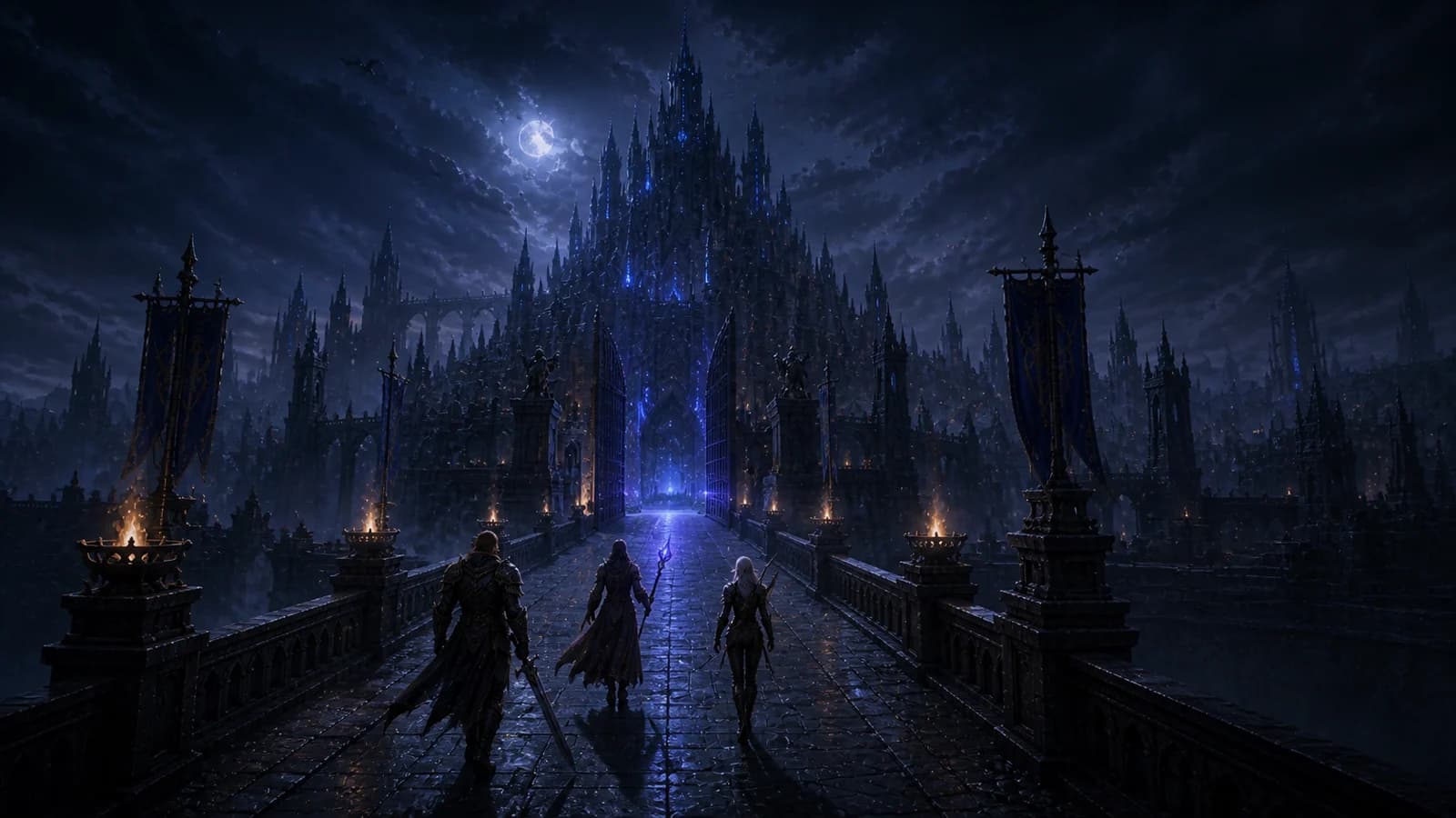 Three fantasy adventurers crossing a moonlit bridge toward the open gates of a dark citadel