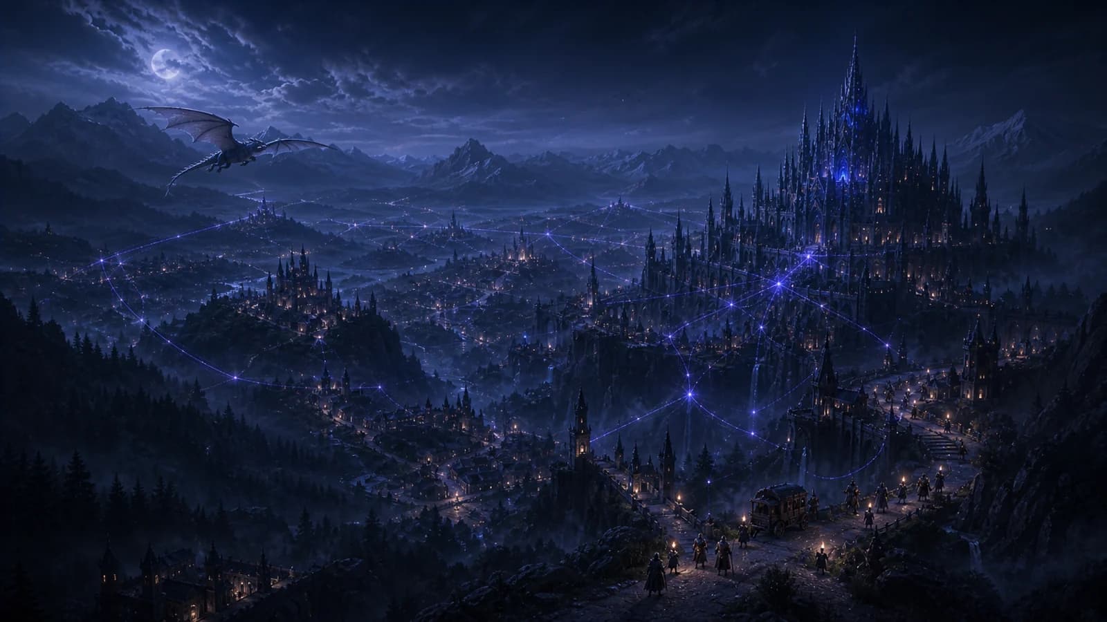 A moonlit fantasy realm whose cities and roads are connected by blue-violet constellation light