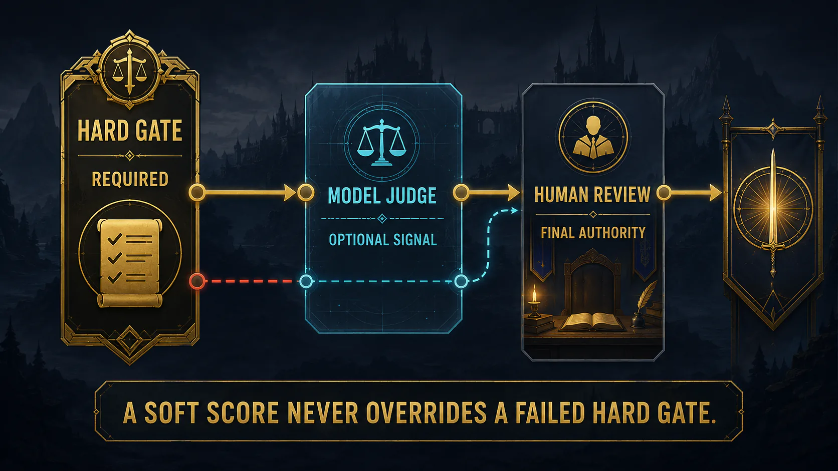 A required hard gate stops failed candidates before an optional model judge and final human release review