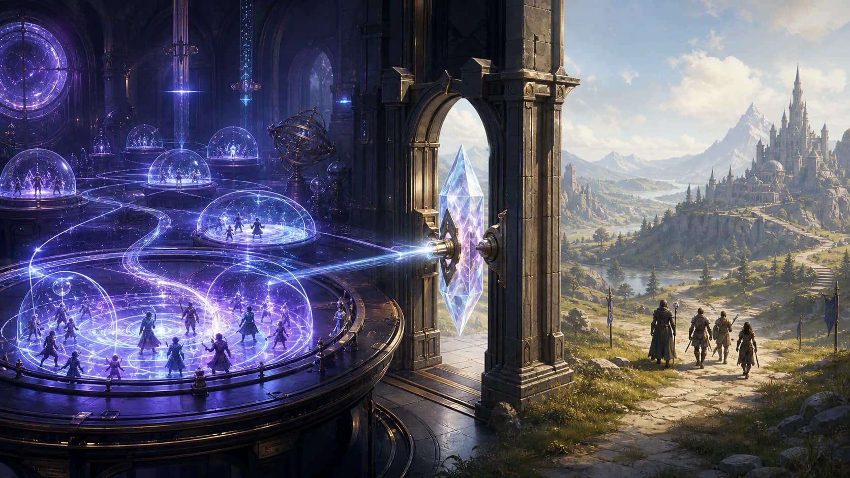 A controlled offline calibration laboratory is separated from a stable live fantasy world by an immutable release gate