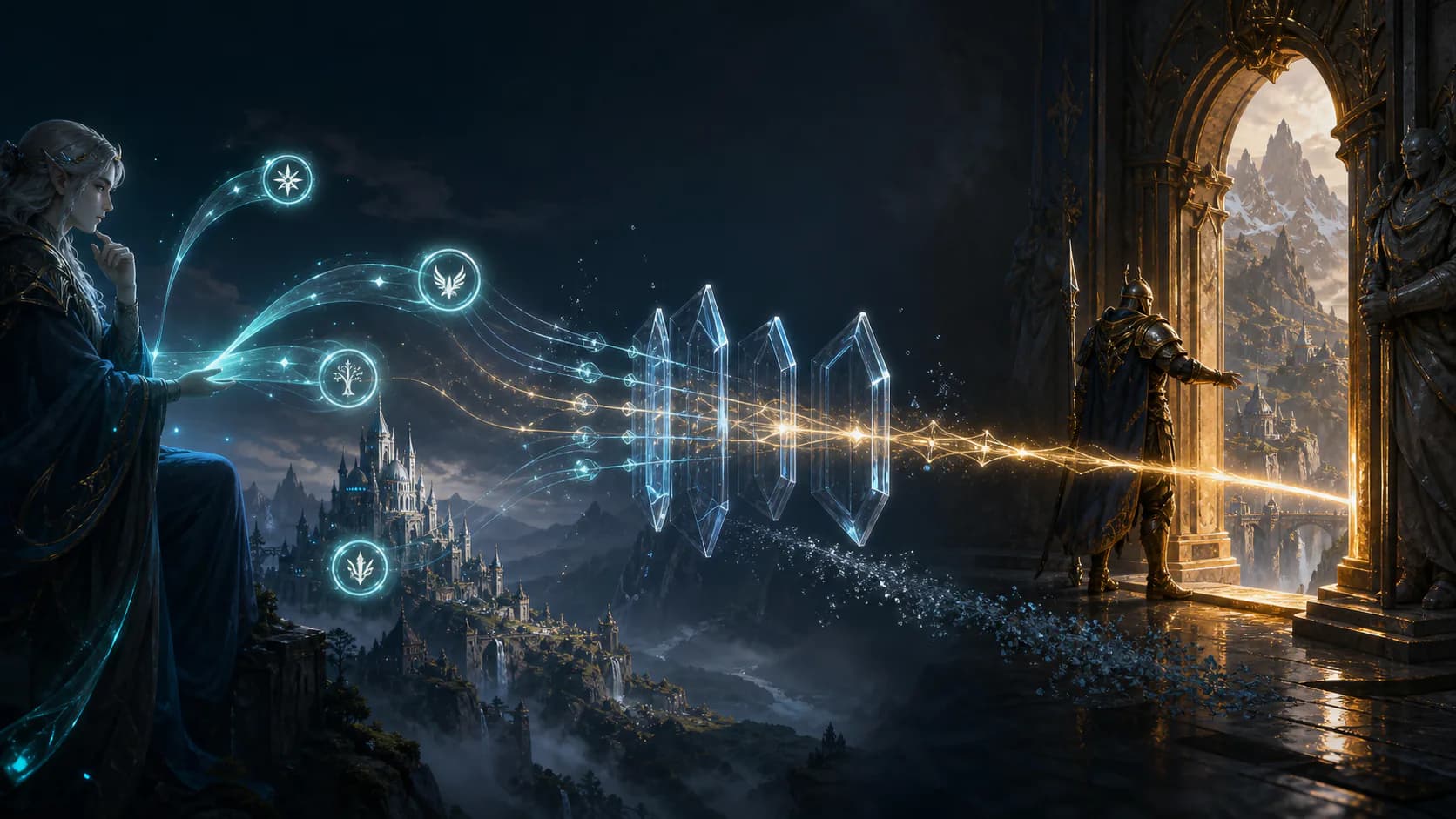 A fantasy AI planner sends several symbolic paths through a crystalline binder to one authoritative world gate