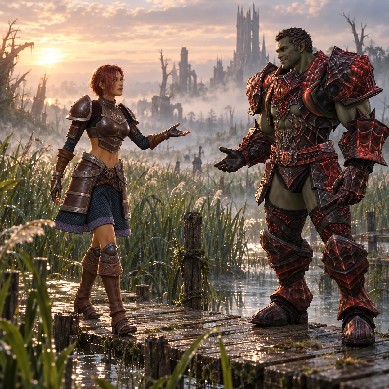 Promotional illustration of a Human Fighter woman guard in Brigandine heavy armor speaking with an Orc Fighter man in Draconic light armor in the Cruma Marshlands