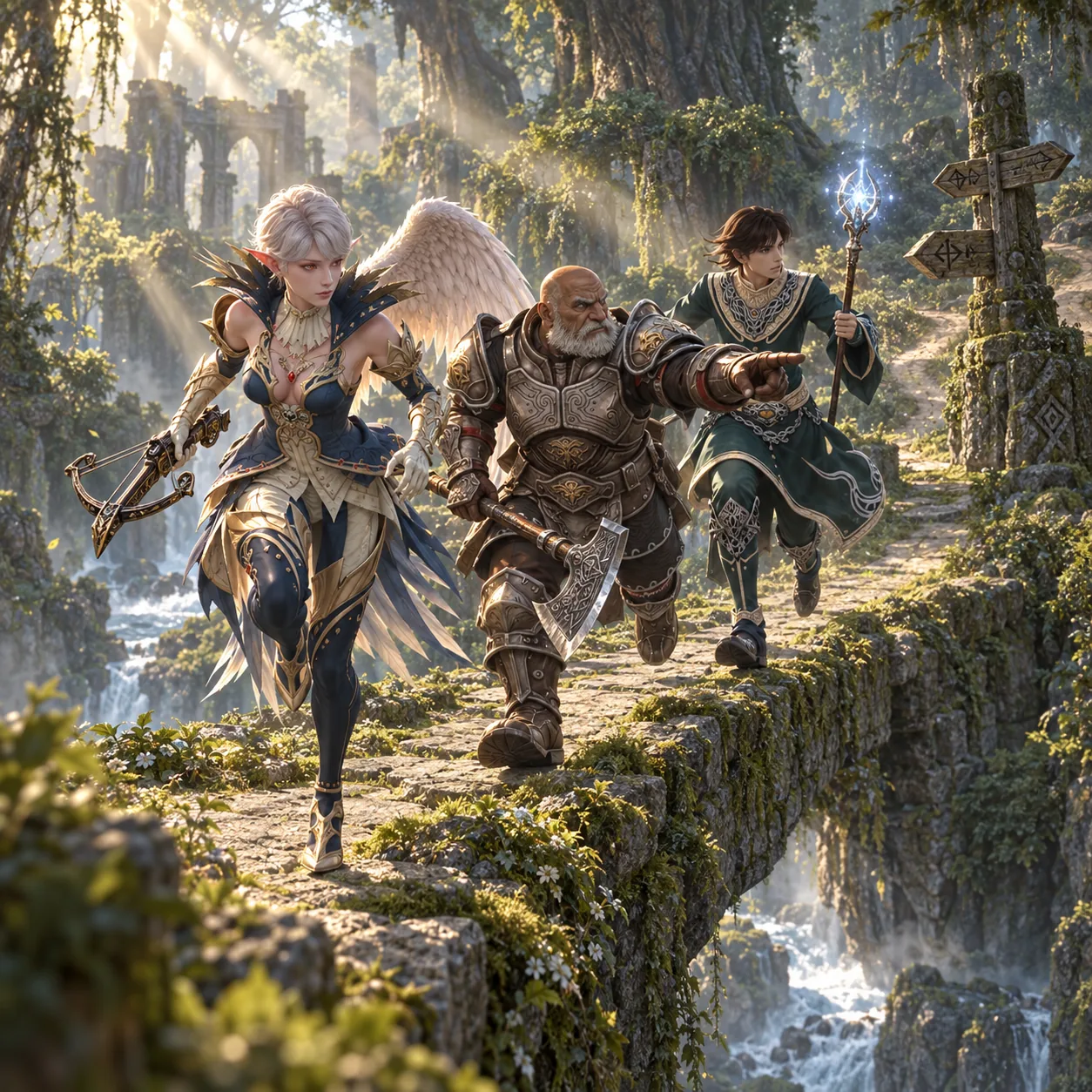 Promotional illustration of a Kamael woman in Blue Wolf light armor leading a Dwarf man in Composite heavy armor and a Human Mage man in Karmian robe across a Forest of Mimir bridge