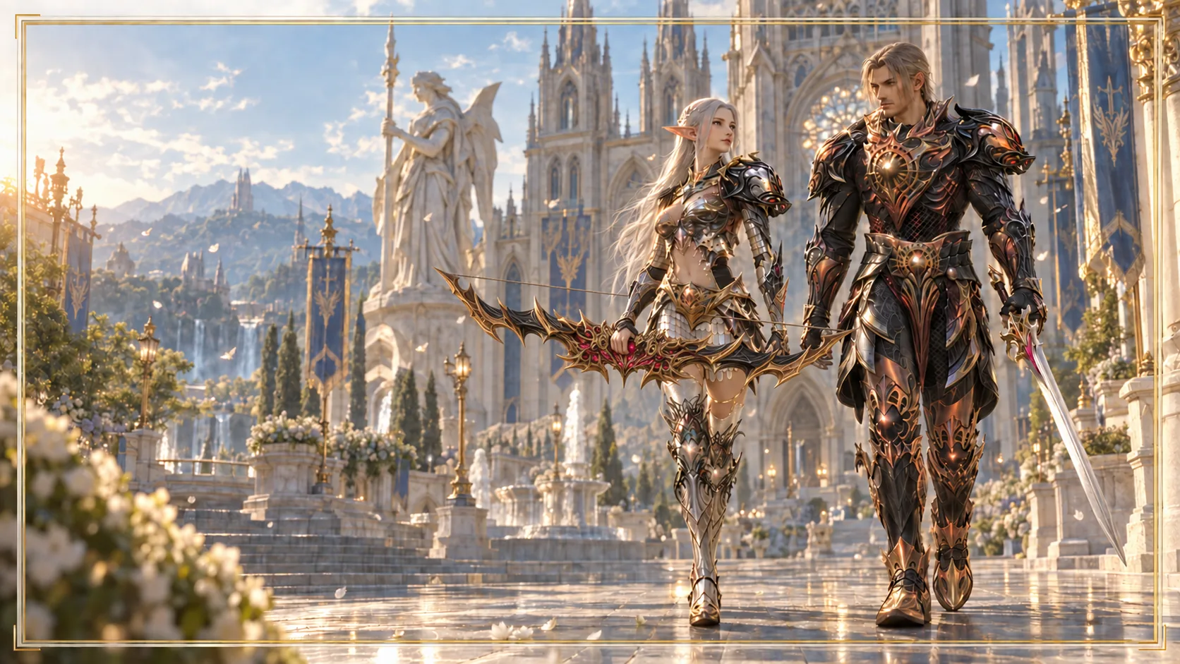 Promotional illustration of an Elf woman in Noble Vesper heavy armor with a bow beside a Human Fighter man in Vesper heavy armor with a sword before Giran Cathedral