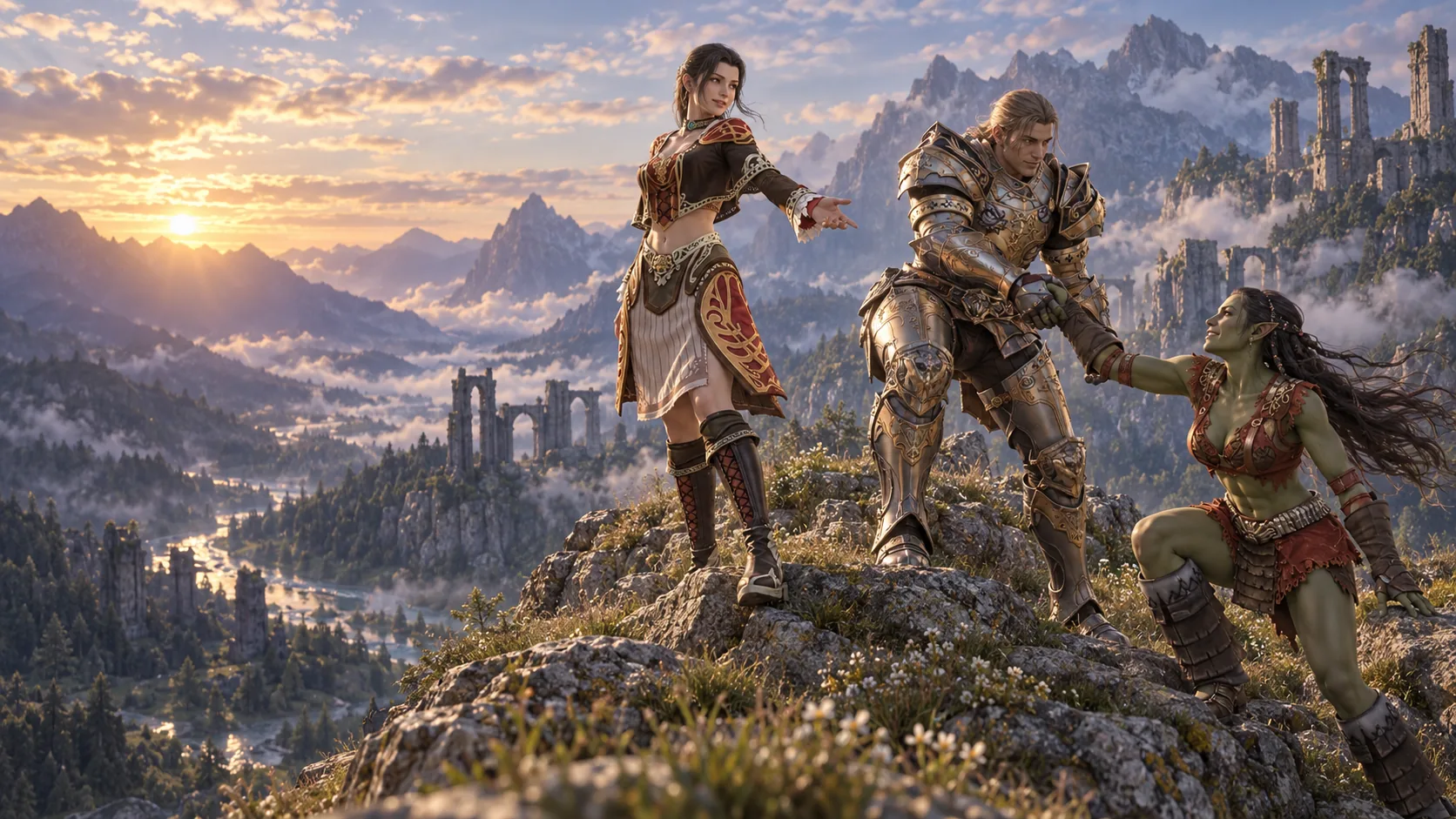 Promotional illustration of a Human Mage woman in Zubei robe, a Human Fighter man in Imperial Crusader heavy armor and an Orc Fighter woman in Banded Mithril light armor helping one another at a Silent Valley sunrise