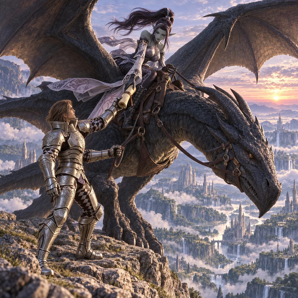 Promotional illustration of a Dark Elf woman in Avadon robe receiving a route map from a Human Fighter man in Full Plate heavy armor beside a wyvern above the Valley of Saints