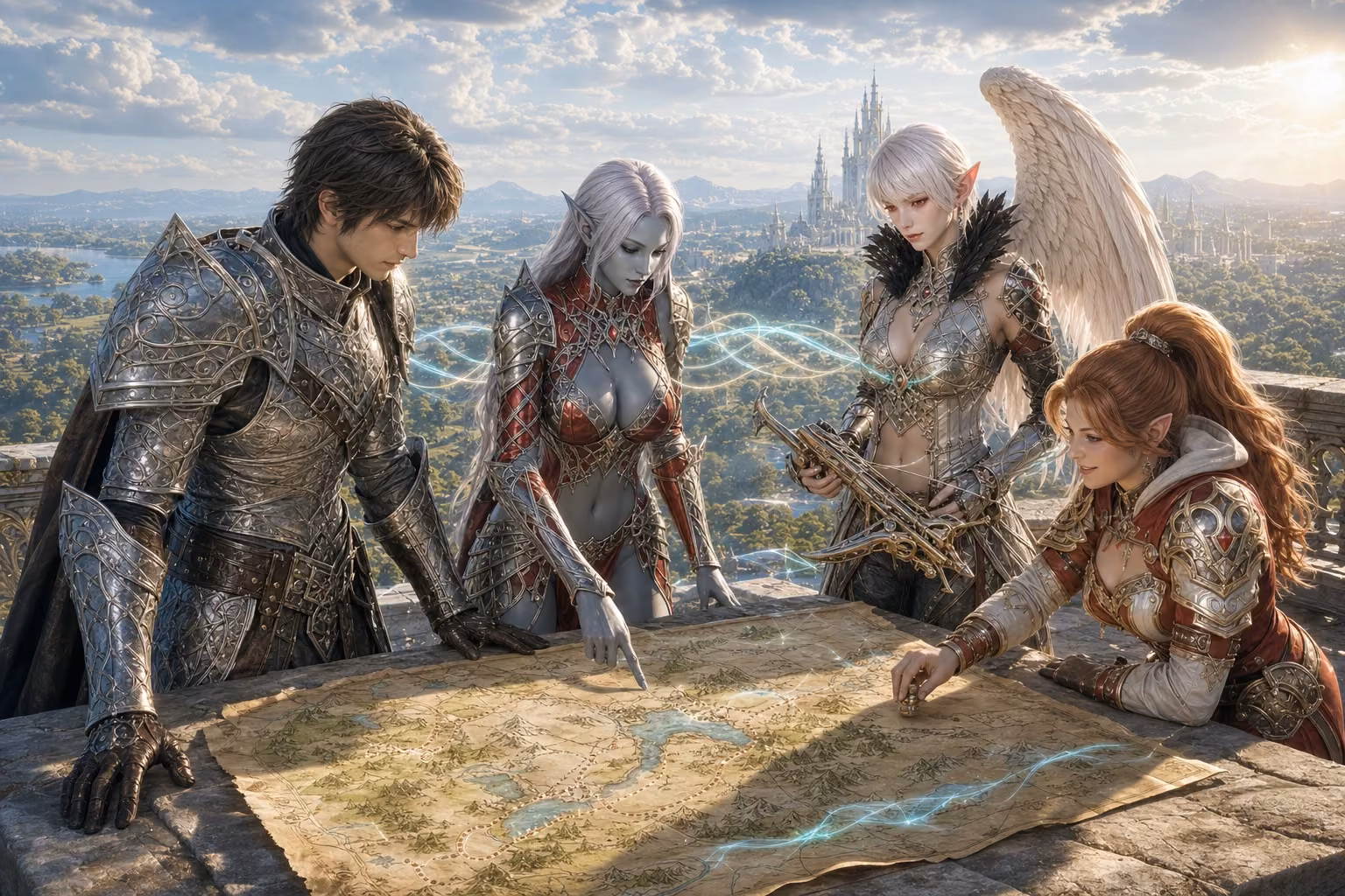 Four trusted fantasy companions planning their next journey together over a world map
