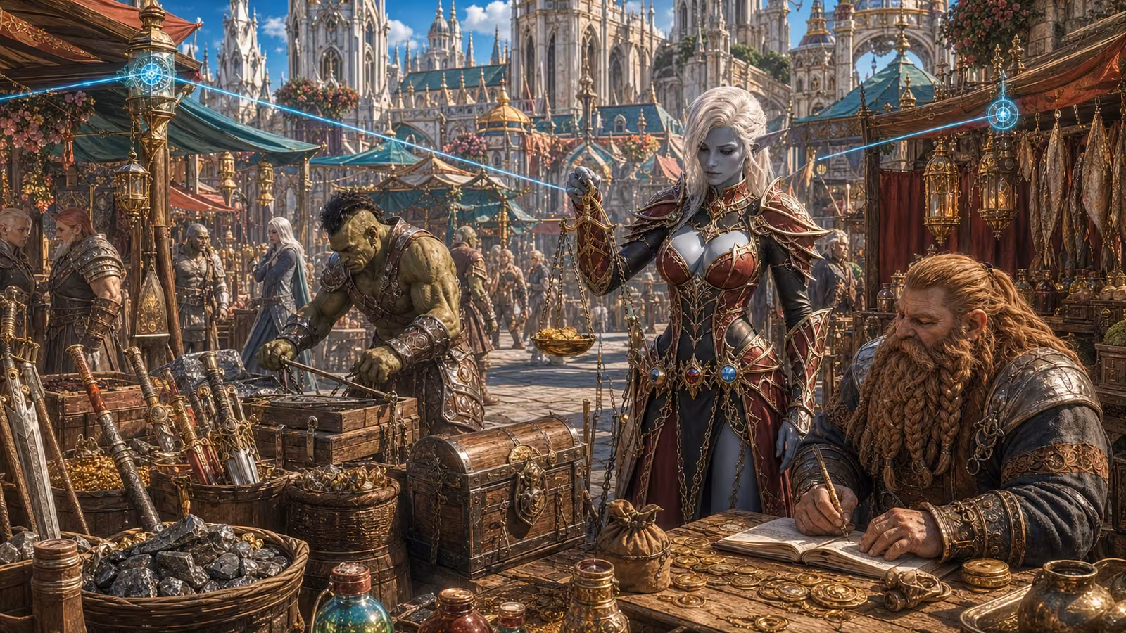 A dark elf steward, orc smith and dwarf merchant balancing a living fantasy economy