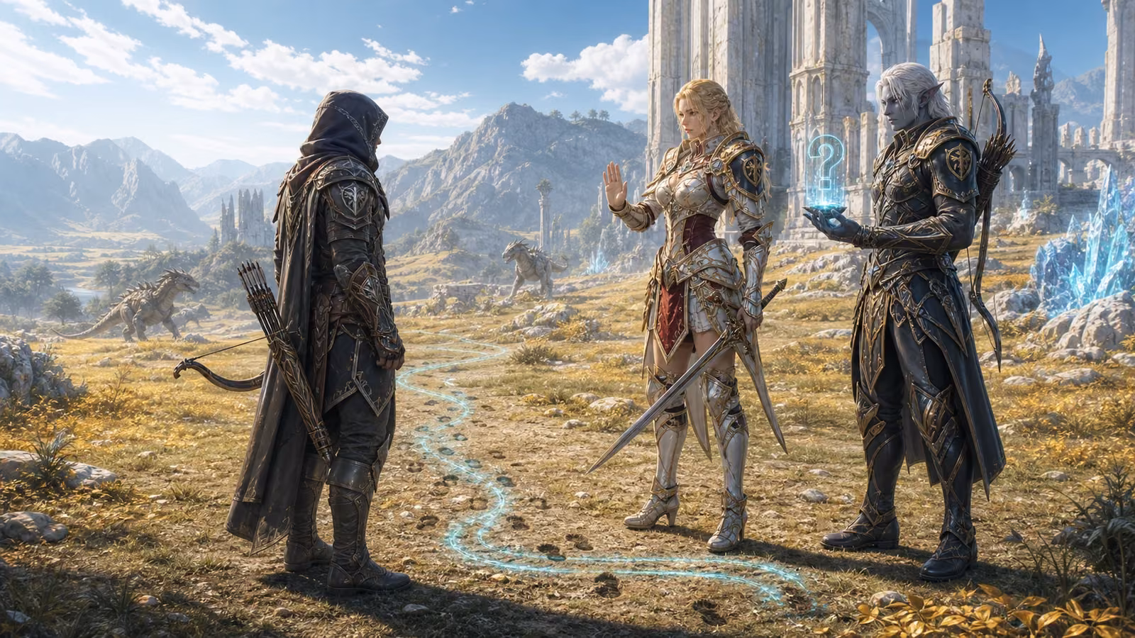 Two AI anti-bot patrol guards speaking with a player in a bright hunting valley