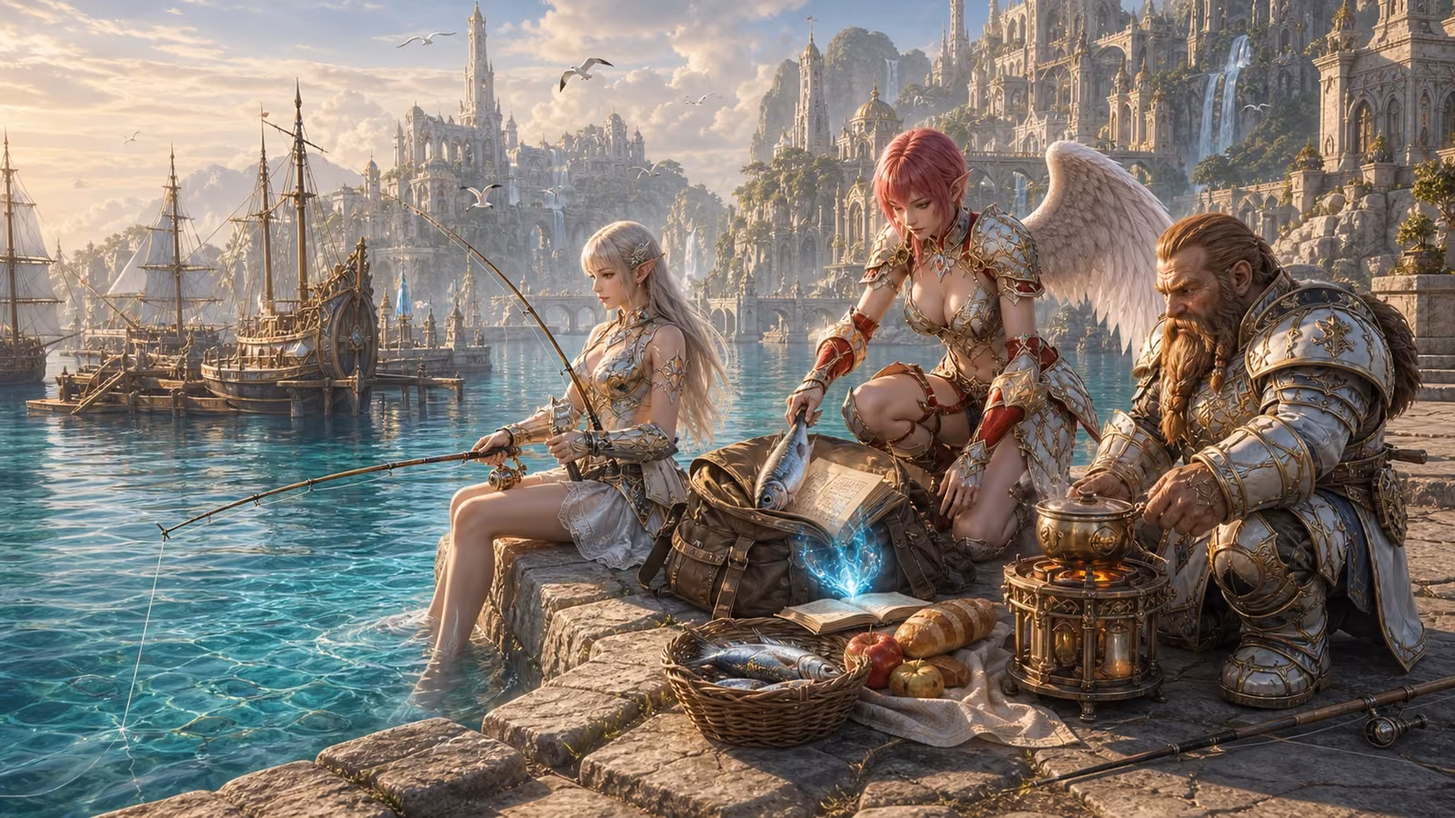 An elf, a one-winged Kamael and a dwarf fishing and sharing supplies at a bright harbor