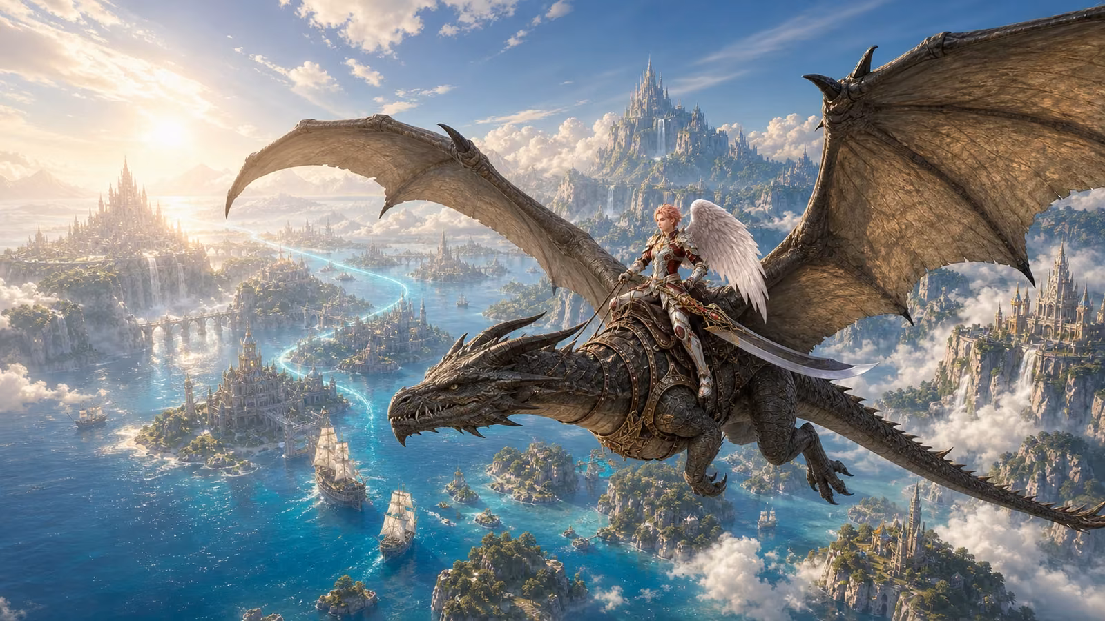 A pink-haired Kamael riding a wyvern above a bright island kingdom