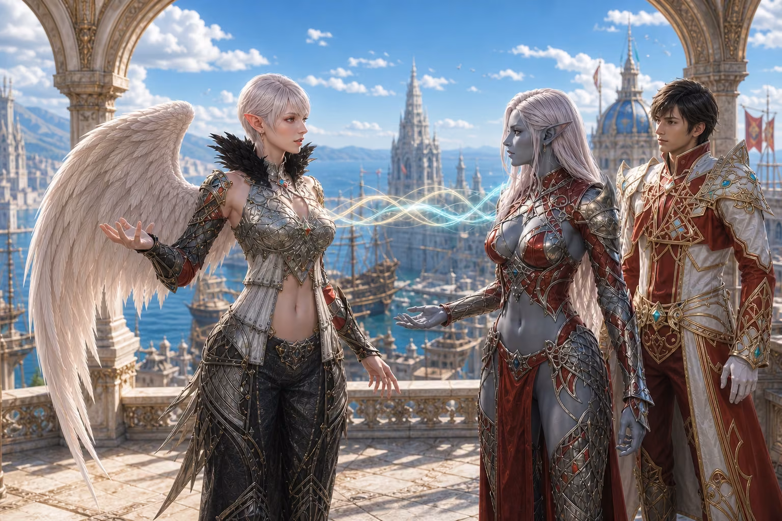 A Kamael, dark elf and human companion speaking together above a bright fantasy harbor