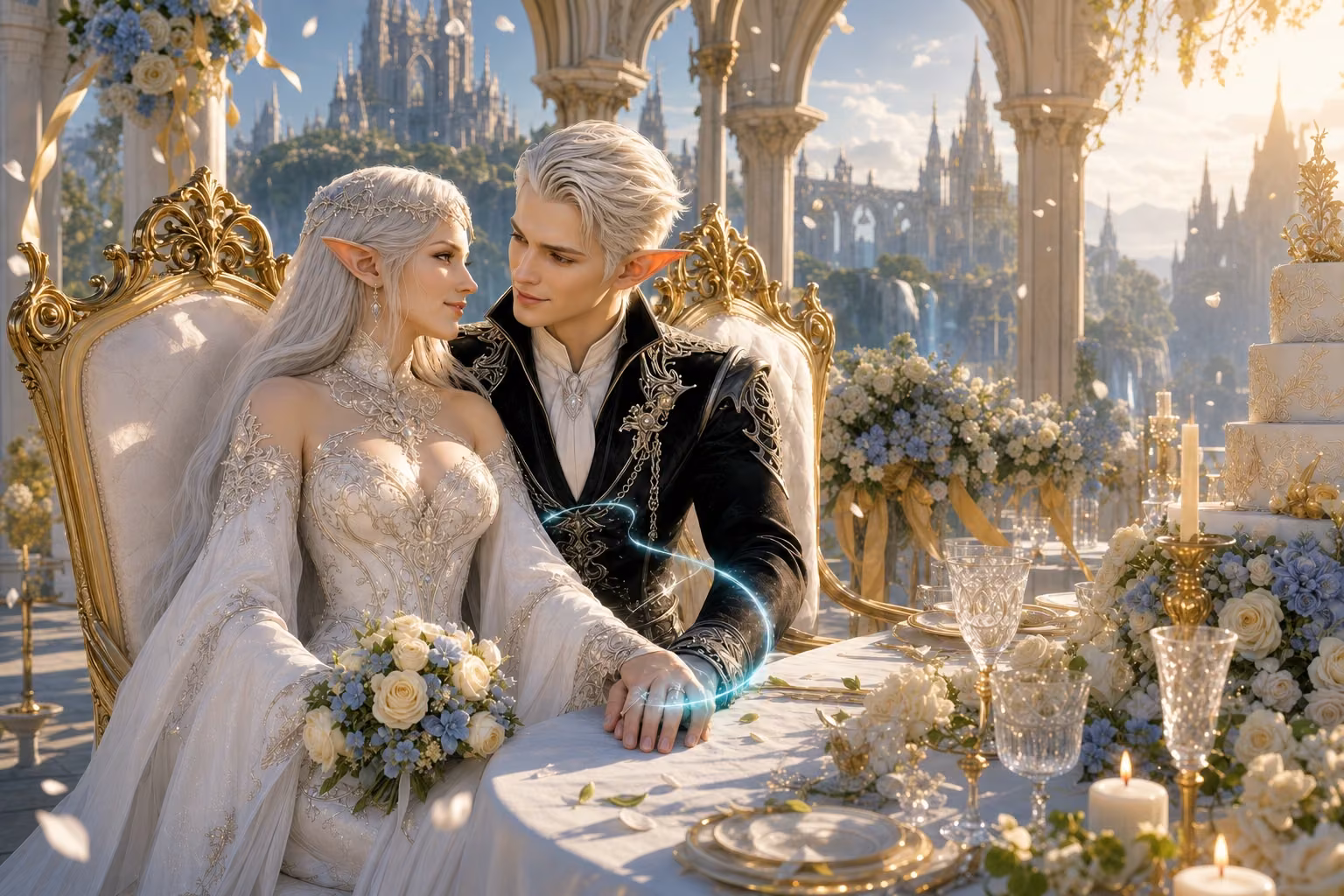 A high elf bride in a white gown and a high elf groom in a black suit celebrating their wedding