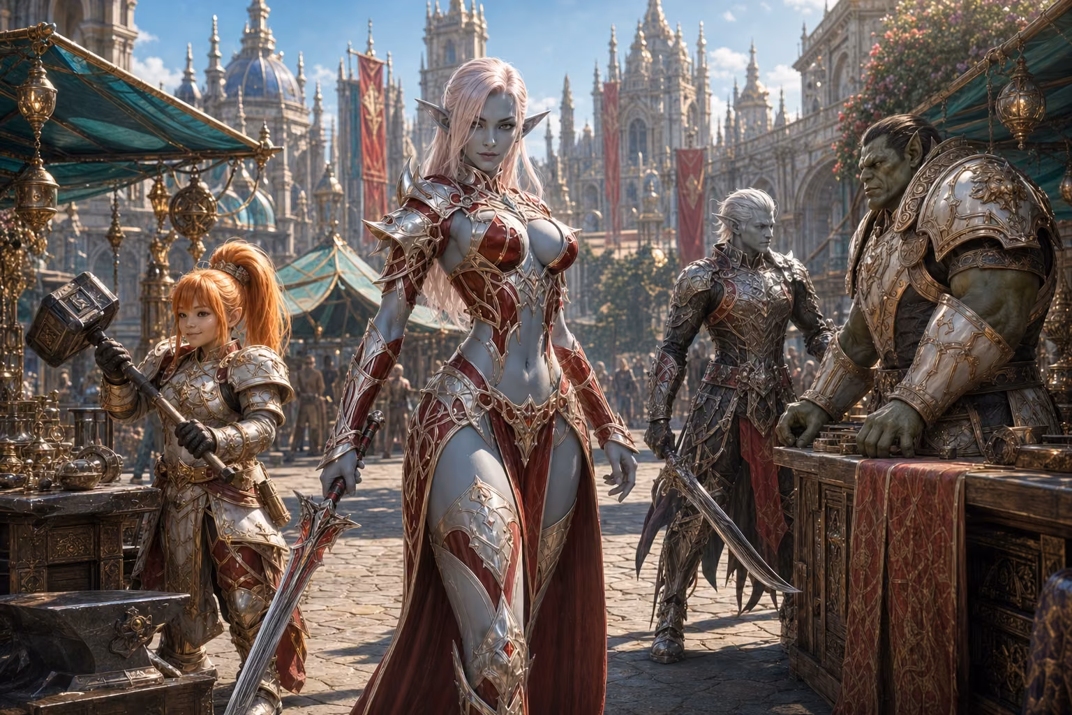 A dark elf, dwarf, scout and orc merchant living in a bright fantasy city market